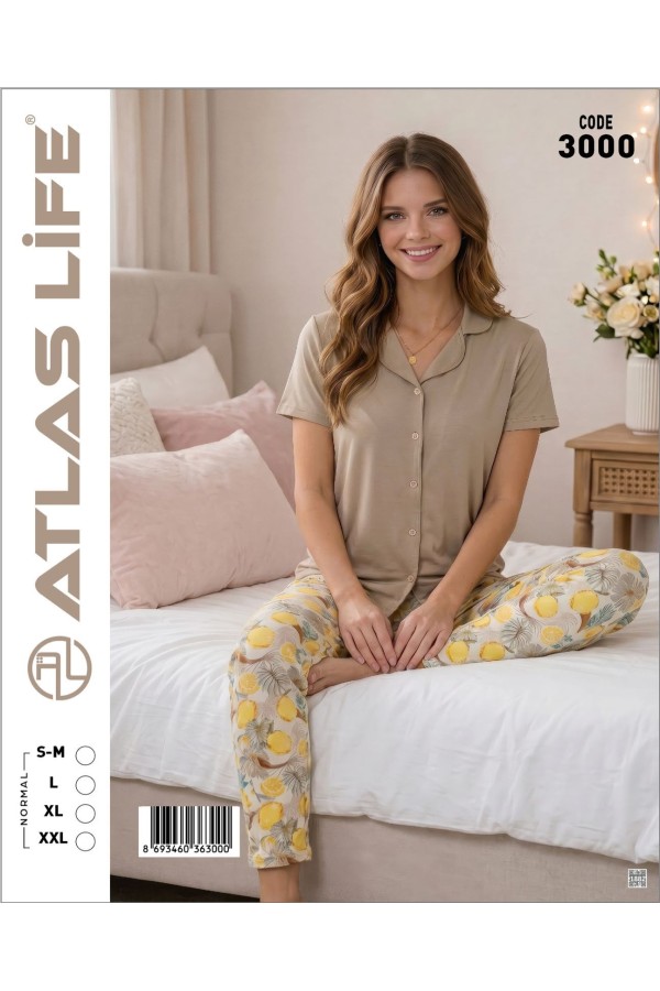 Toptan Atlas Life Süfle Gömlek Yaka Kısa Kollu Pijama Takımı Bej Çiçek Desenli Süfle