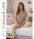 Toptan Atlas Life Süfle Gömlek Yaka Kısa Kollu Pijama Takımı Bej Çiçek Desenli Süfle