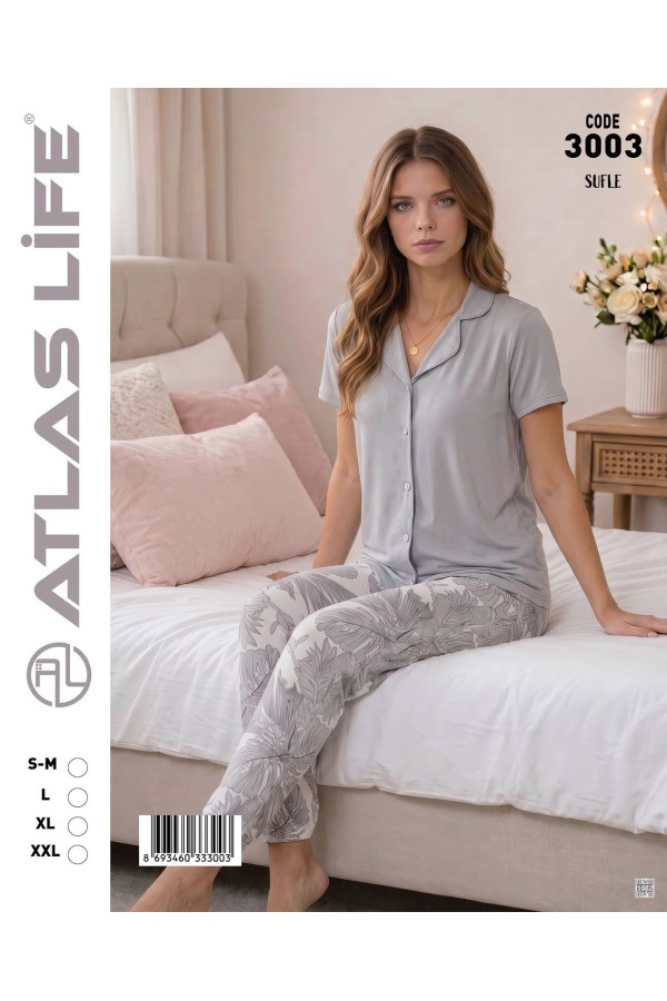 Toptan Atlas Life Süfle Gömlek Yaka Kısa Kollu Pijama Takımı Gri Papatya Desenli Süfle