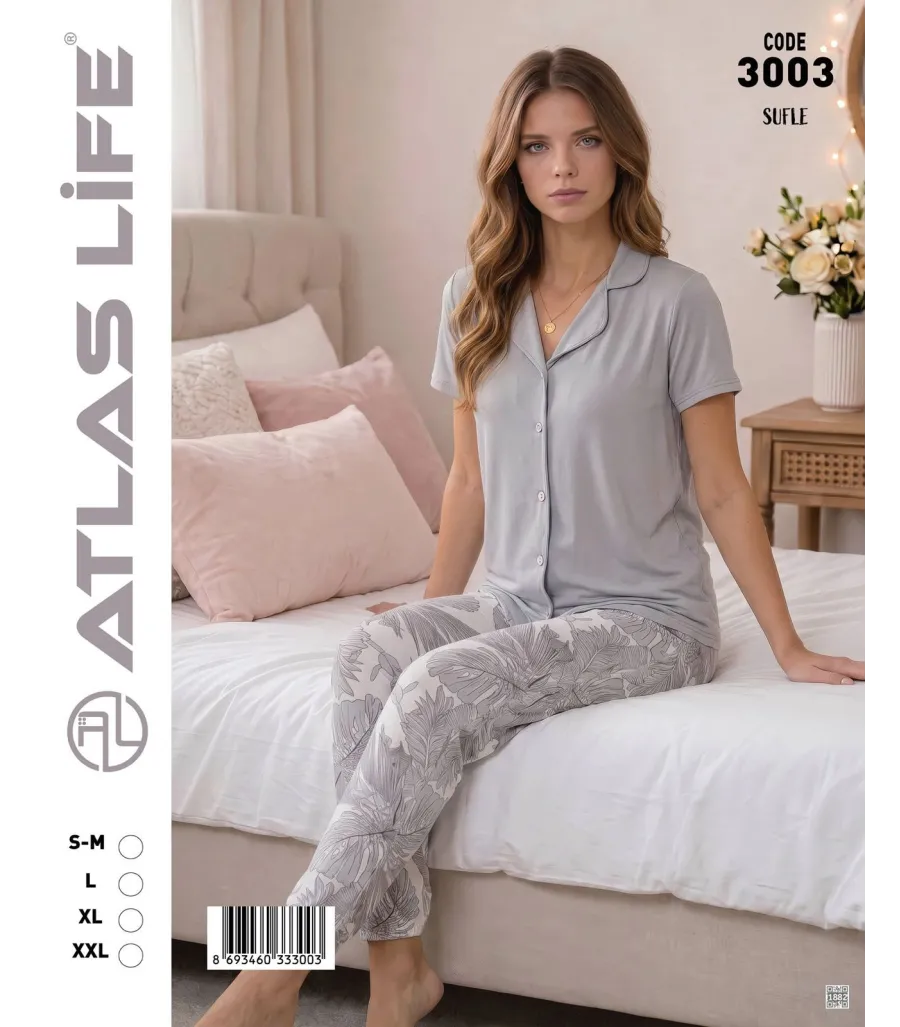 Toptan Atlas Life Süfle Gömlek Yaka Kısa Kollu Pijama Takımı Gri Papatya Desenli Süfle