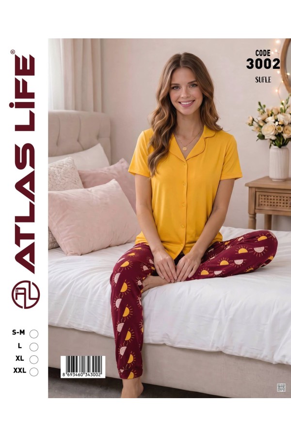 Toptan Atlas Life Süfle Gömlek Yaka Kısa Kollu Pijama Takımı Hardal Sarı Puantiyeli Süfle