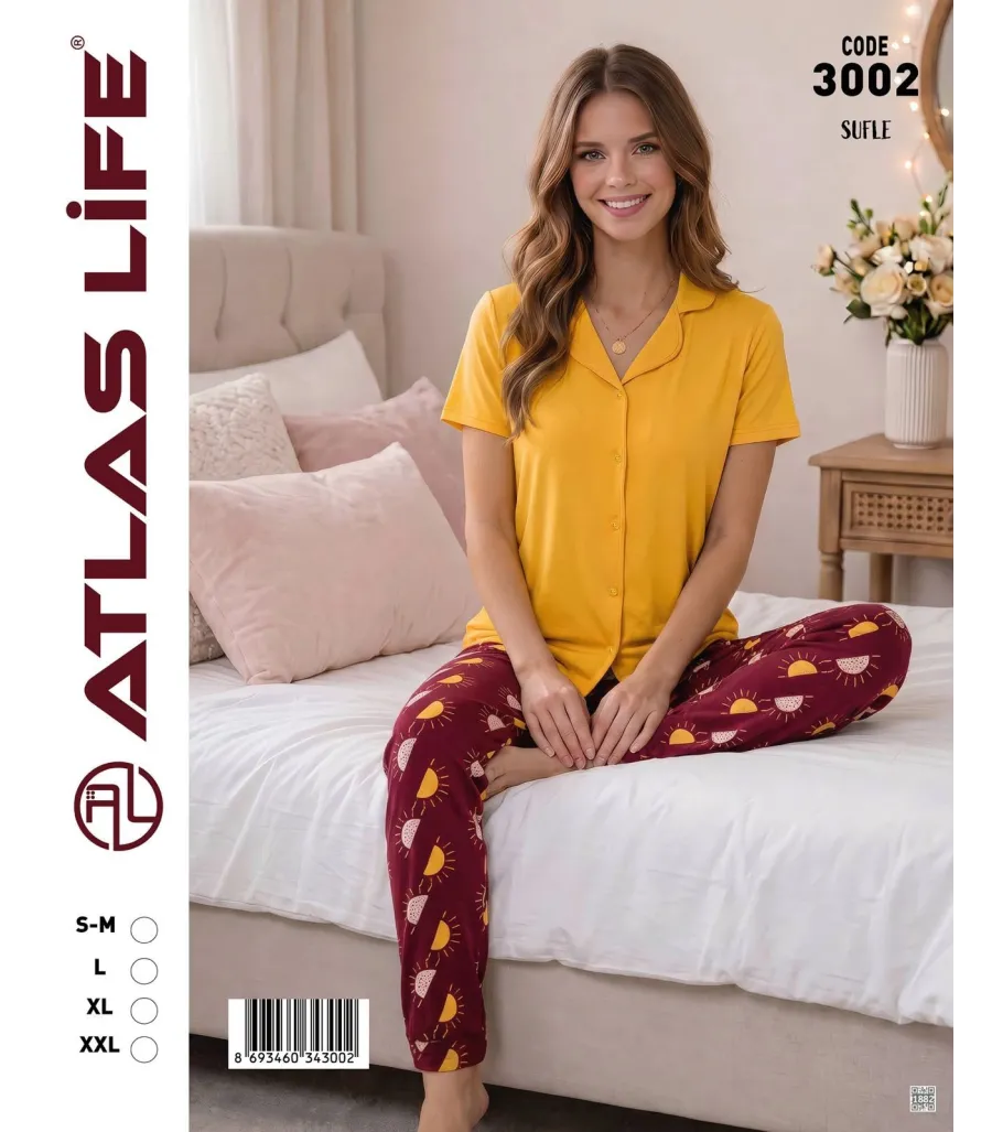 Toptan Atlas Life Süfle Gömlek Yaka Kısa Kollu Pijama Takımı Hardal Sarı Puantiyeli Süfle