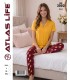 Toptan Atlas Life Süfle Gömlek Yaka Kısa Kollu Pijama Takımı Hardal Sarı Puantiyeli Süfle