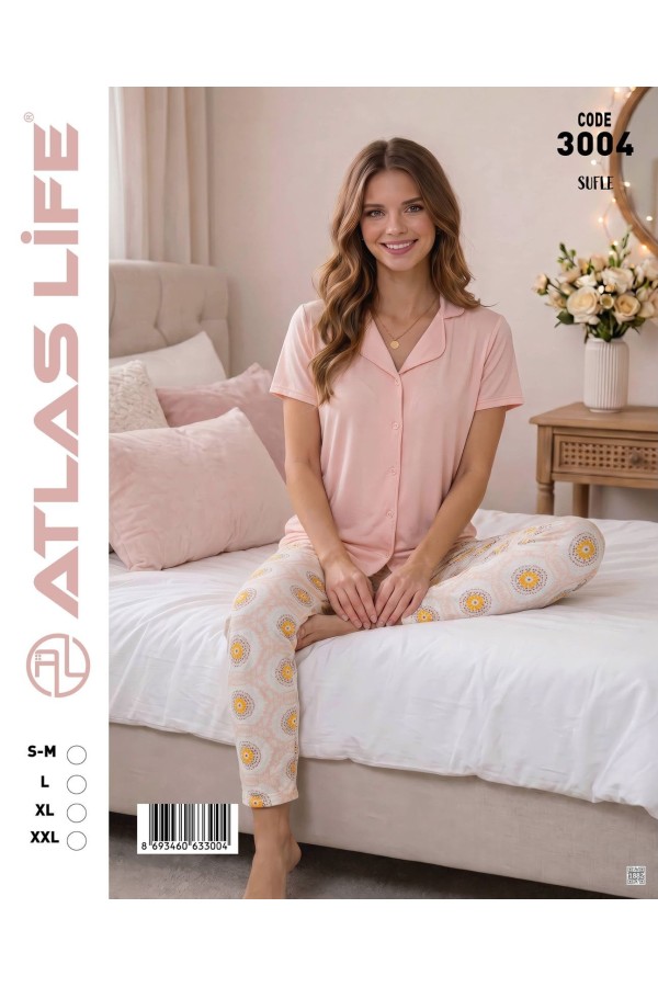 Toptan Atlas Life Süfle Gömlek Yaka Kısa Kollu Pijama Takımı Pudra Papatya Desenli Süfle