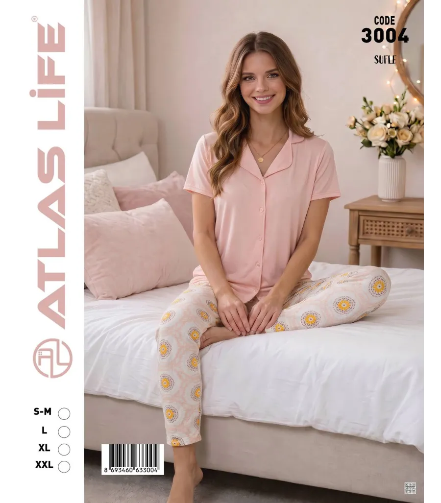 Toptan Atlas Life Süfle Gömlek Yaka Kısa Kollu Pijama Takımı Pudra Papatya Desenli Süfle