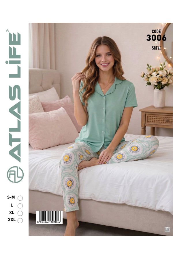 Toptan Atlas Life Süfle Gömlek Yaka Kısa Kollu Pijama Takımı Yeşil Papatya Desenli Süfle