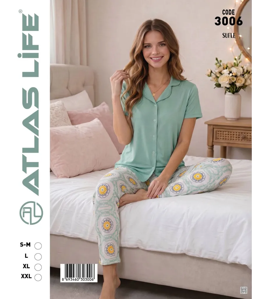 Toptan Atlas Life Süfle Gömlek Yaka Kısa Kollu Pijama Takımı Yeşil Papatya Desenli Süfle