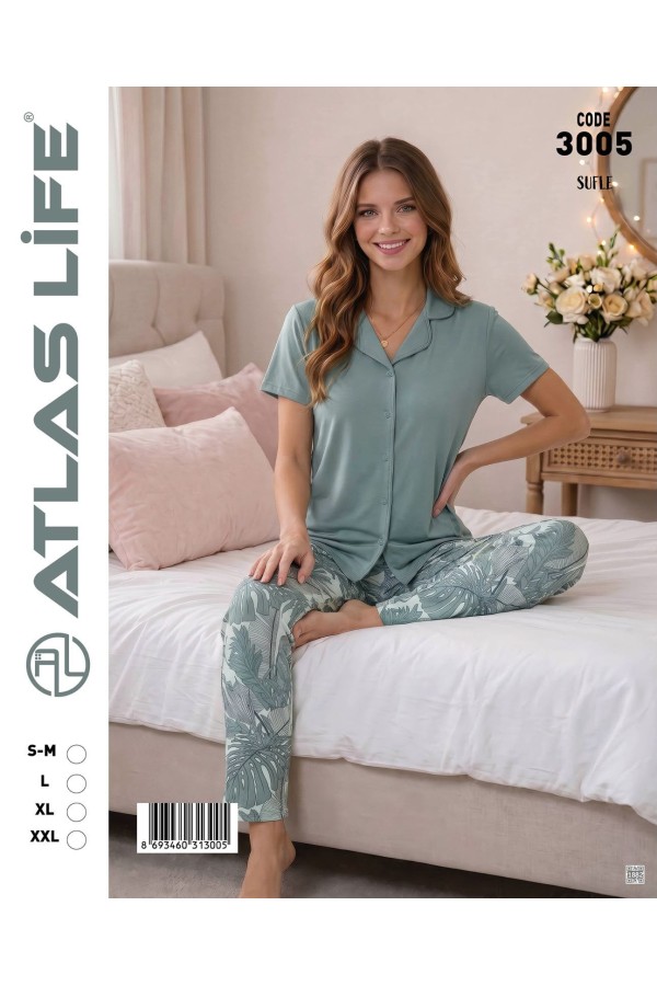 Toptan Atlas Life Süfle Gömlek Yaka Kısa Kollu Pijama Takımı Mavi Çiçek Desenli Süfle