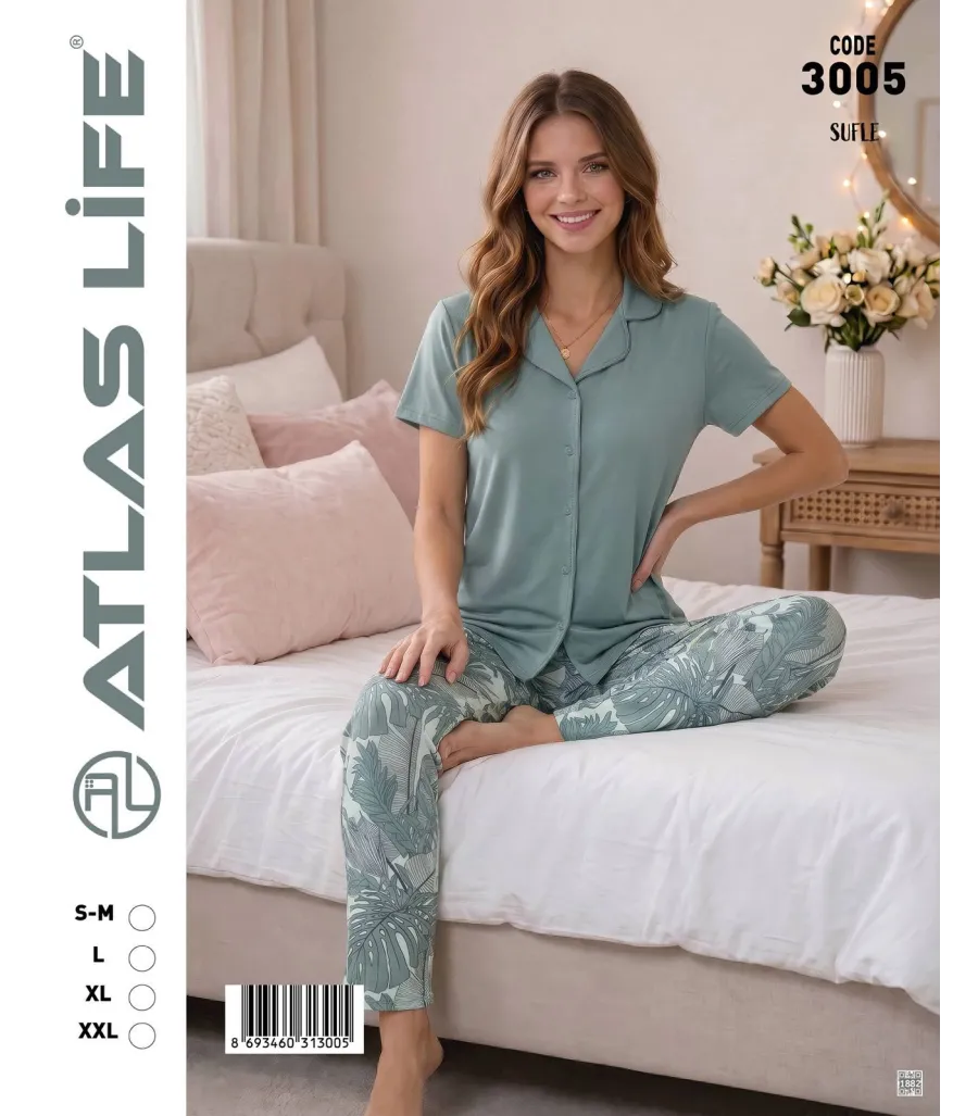 Toptan Atlas Life Süfle Gömlek Yaka Kısa Kollu Pijama Takımı Mavi Çiçek Desenli Süfle