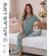 Toptan Atlas Life Süfle Gömlek Yaka Kısa Kollu Pijama Takımı Mavi Çiçek Desenli Süfle