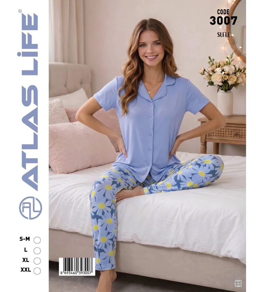 Toptan Atlas Life Süfle Gömlek Yaka Kısa Kollu Pijama Takımı Mavi Kelebek Desenli Süfle