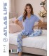 Toptan Atlas Life Süfle Gömlek Yaka Kısa Kollu Pijama Takımı Mavi Kelebek Desenli Süfle