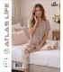 Toptan Atlas Life Süfle Gömlek Yaka Kısa Kollu Pijama Takımı Bej Düz Süfle