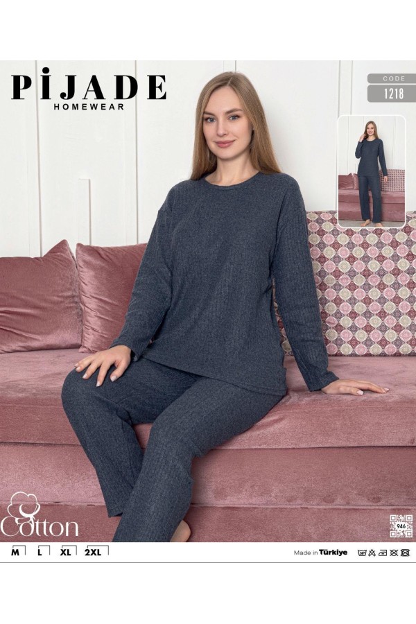 Toptan Pijade 1218 Fitilli Kadın Pijama Takımı Füme