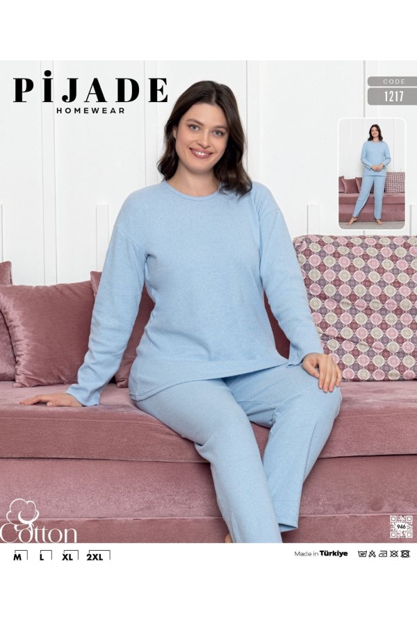 Toptan Pijade 1217 Fitilli Kadın Pijama Takımı Bebe Mavi