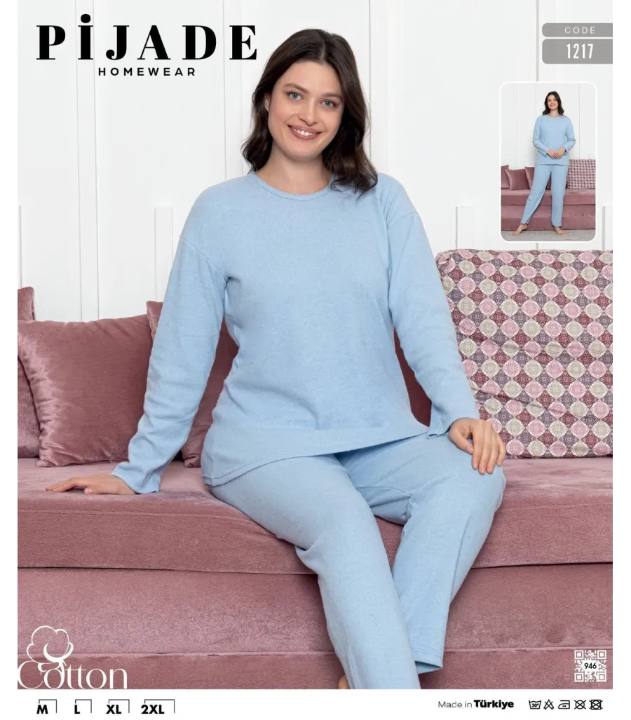Toptan Pijade 1217 Fitilli Kadın Pijama Takımı Bebe Mavi