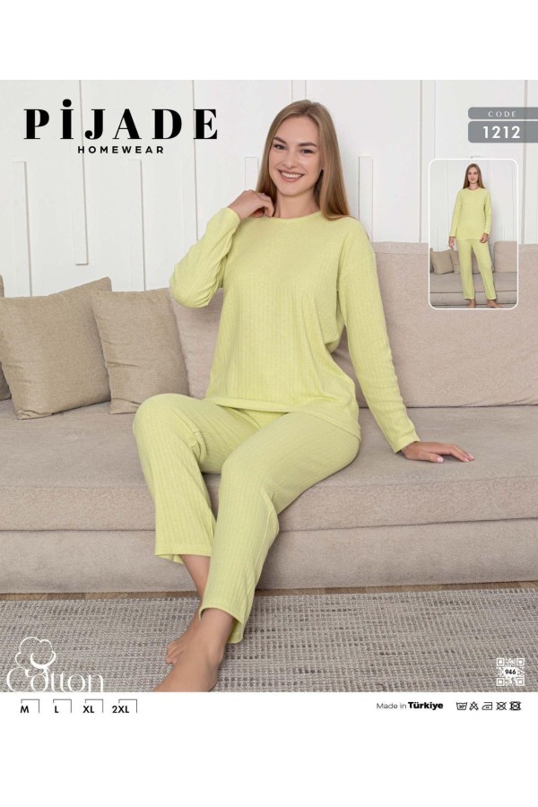 Toptan Pijade 1212 Fitilli Kadın Pijama Takımı Çağla Yeşili