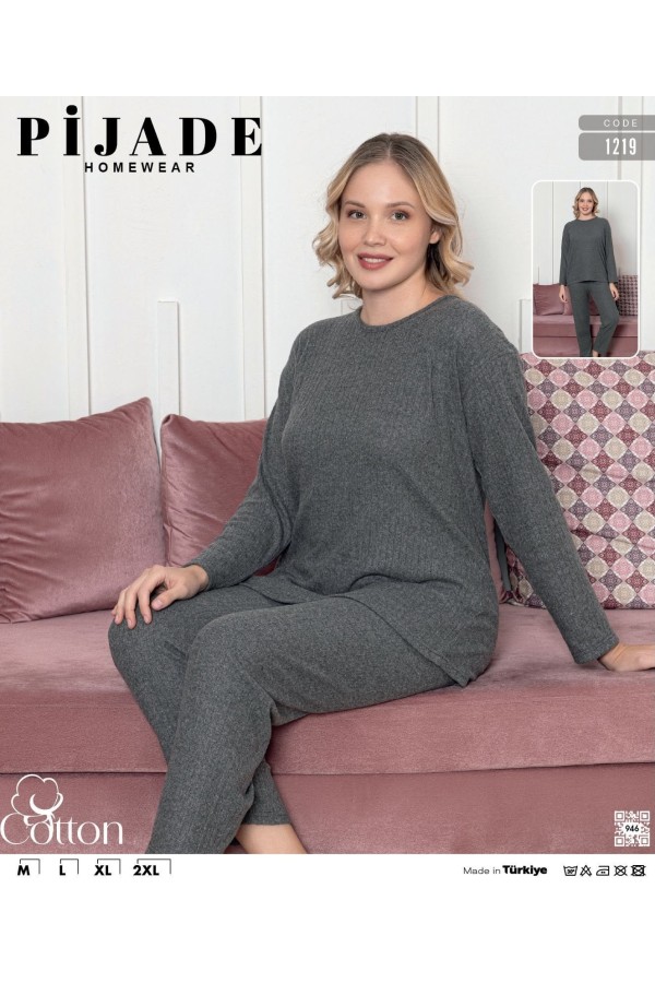 Toptan Pijade 1219 Fitilli Kadın Pijama Takımı Gri