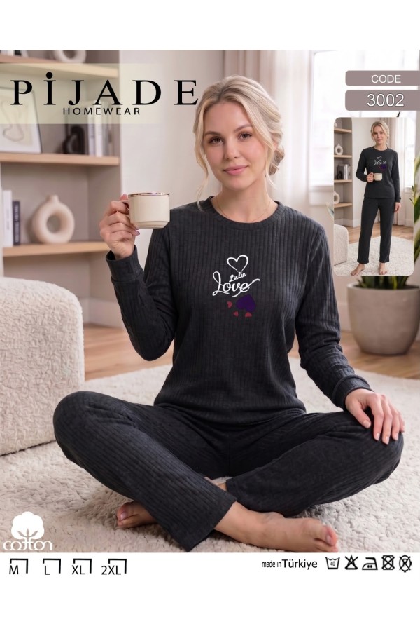 Toptan Pijade 3002 Love Baskılı Fitilli Kadın Pijama Takımı Füme