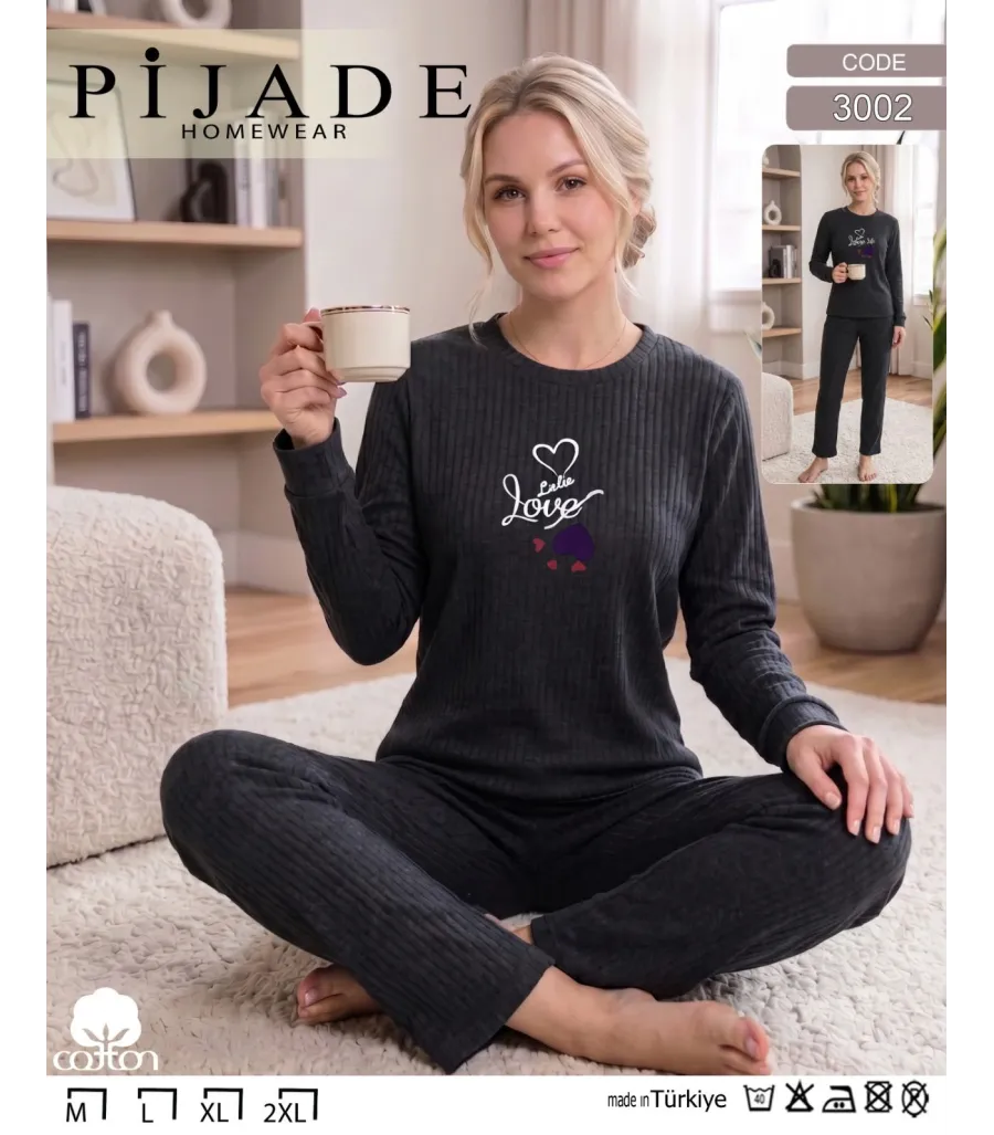 Toptan Pijade 3002 Love Baskılı Fitilli Kadın Pijama Takımı Füme