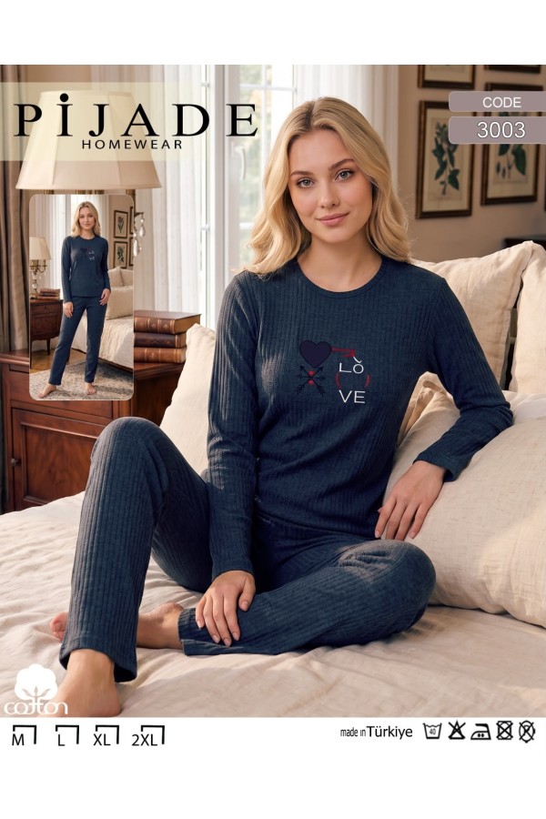 Toptan Pijade 3003 Love Baskılı Fitilli Kadın Pijama Takımı Lacivert