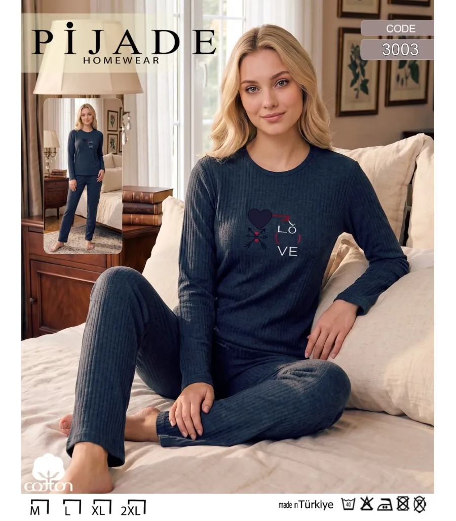 Toptan Pijade 3003 Love Baskılı Fitilli Kadın Pijama Takımı Lacivert