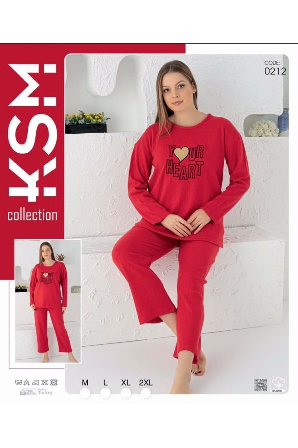 Toptan KSM 0212 Your Heart Baskılı Kadın Pijama Takımı Kırmızı