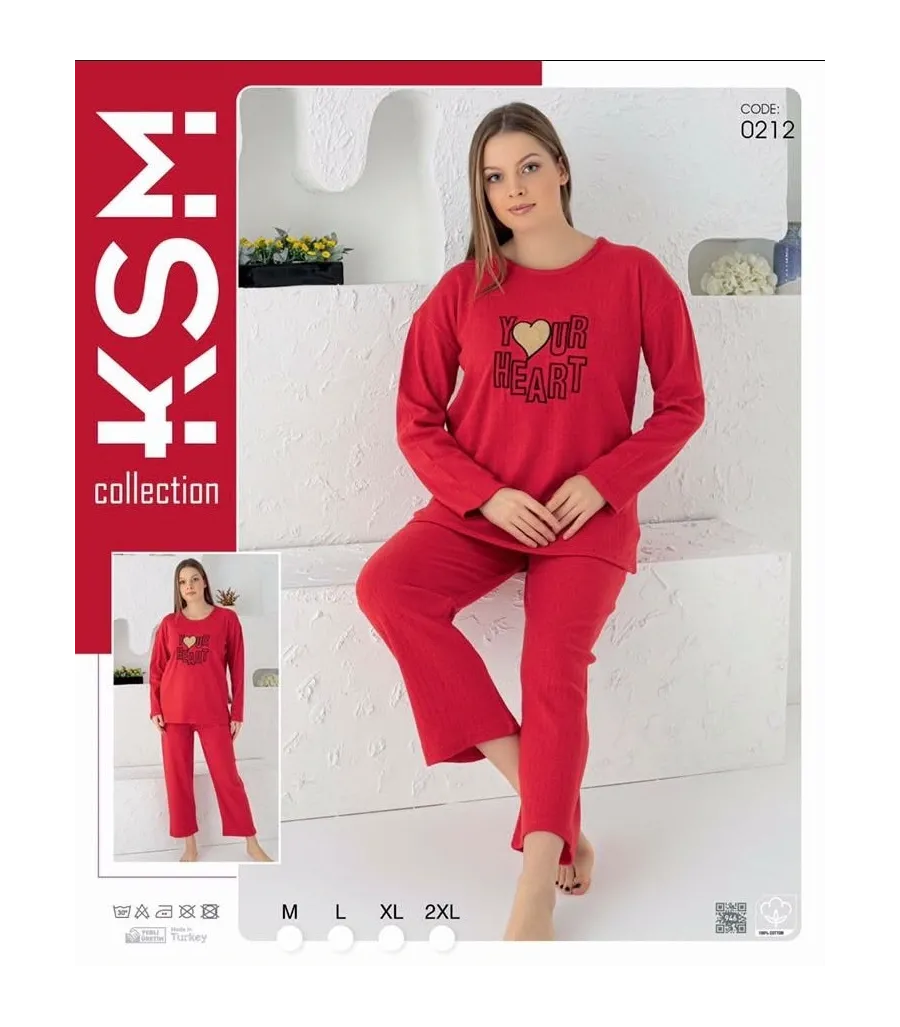 Toptan KSM 0212 Your Heart Baskılı Kadın Pijama Takımı Kırmızı