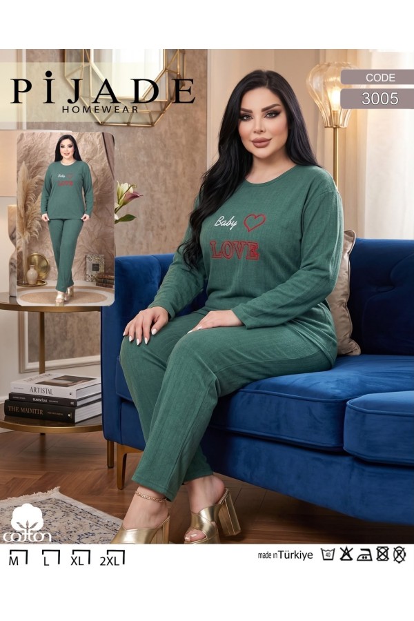 Toptan Pijade 3005 Baby Love Baskılı Fitilli Kadın Pijama Takımı Koyu Yeşil