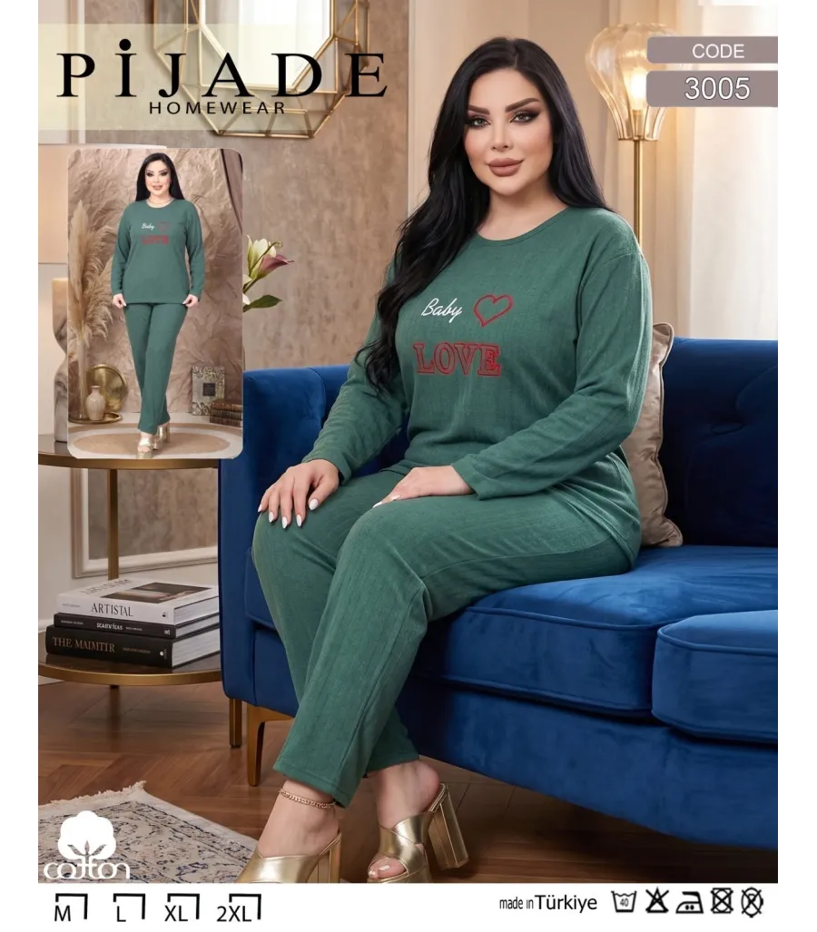 Toptan Pijade 3005 Baby Love Baskılı Fitilli Kadın Pijama Takımı Koyu Yeşil