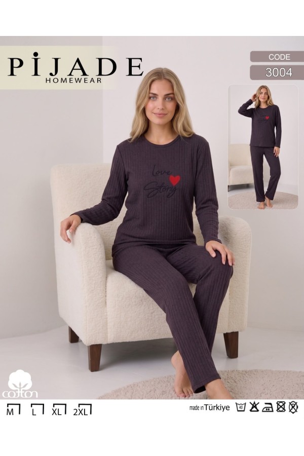 Toptan Pijade 3004 Love Story Baskılı Fitilli Kadın Pijama Takımı Mürdüm