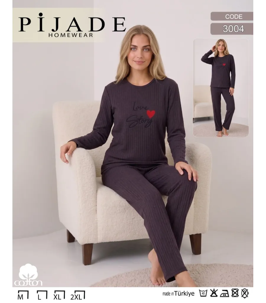 Toptan Pijade 3004 Love Story Baskılı Fitilli Kadın Pijama Takımı Mürdüm