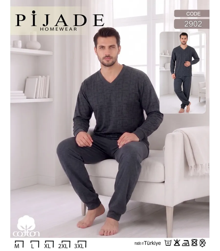 Toptan Pijade 2902 Dokulu V Yaka Erkek Pijama Takımı Gri