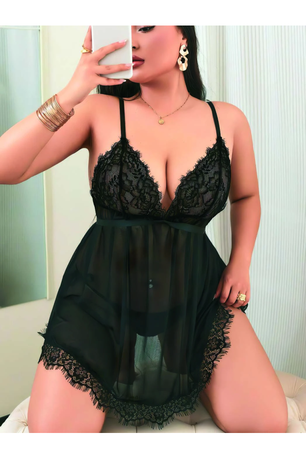 Nightlight Büyük Beden Siyah Dantelli Babydoll 3802