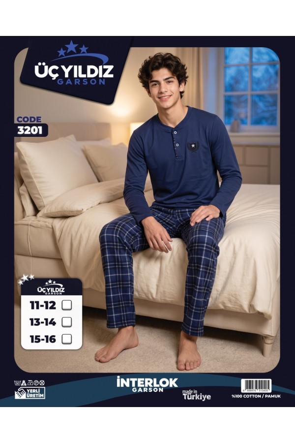 Üç Yıldız Lacivert Mavi Ekose Garson Beden Erkek Çocuk İnterlok Pijama Takımı
