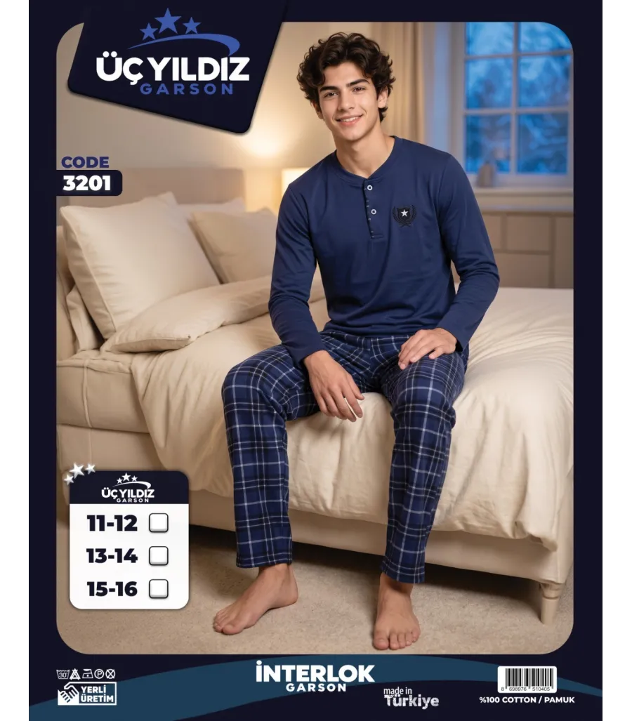 Üç Yıldız Lacivert Mavi Ekose Garson Beden Erkek Çocuk İnterlok Pijama Takımı