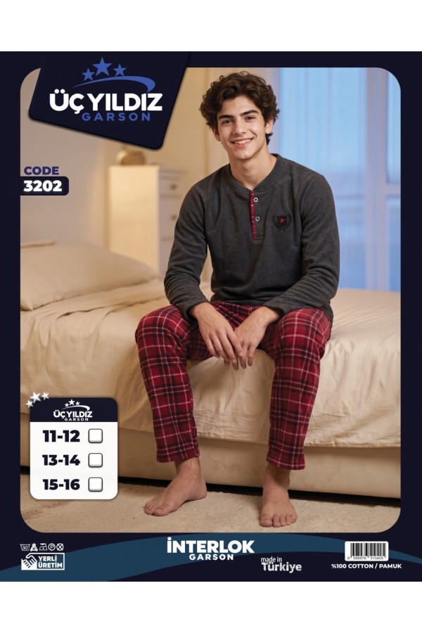 Üç Yıldız Gri Kırmızı Ekose Garson Beden Erkek Çocuk İnterlok Pijama Takımı