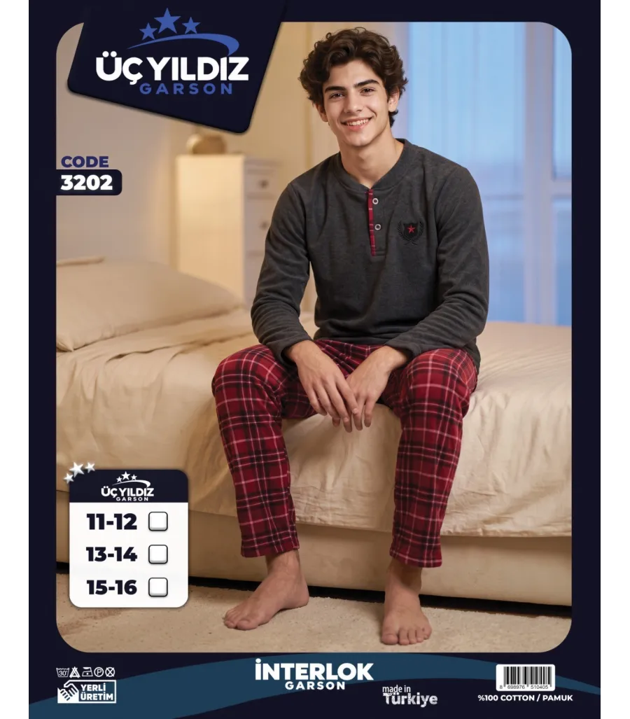 Üç Yıldız Gri Kırmızı Ekose Garson Beden Erkek Çocuk İnterlok Pijama Takımı