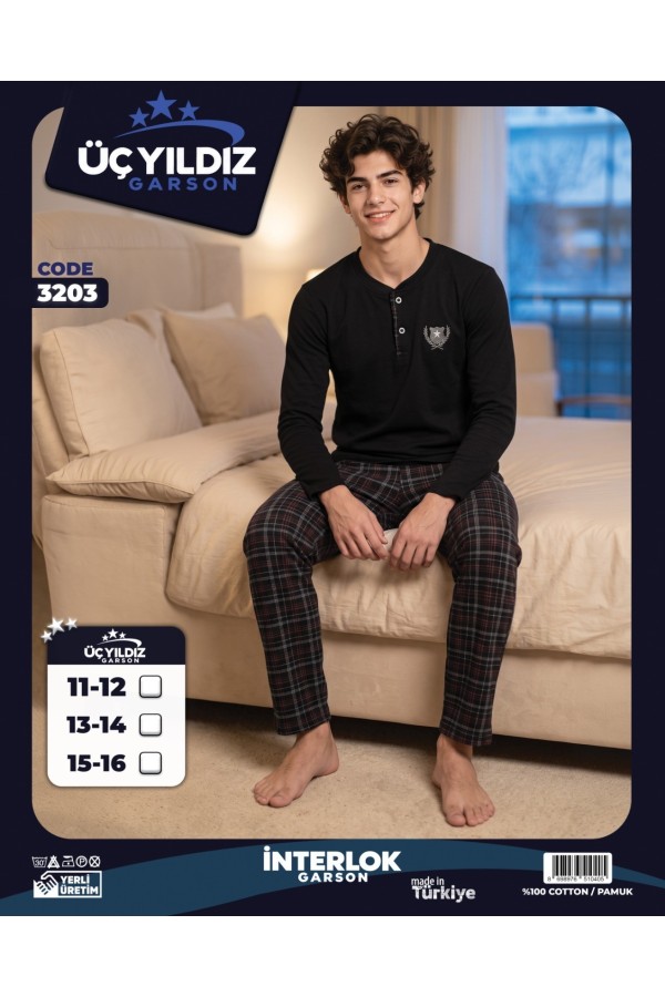 Üç Yıldız Siyah Gri Ekose Garson Beden Erkek Çocuk İnterlok Pijama Takımı