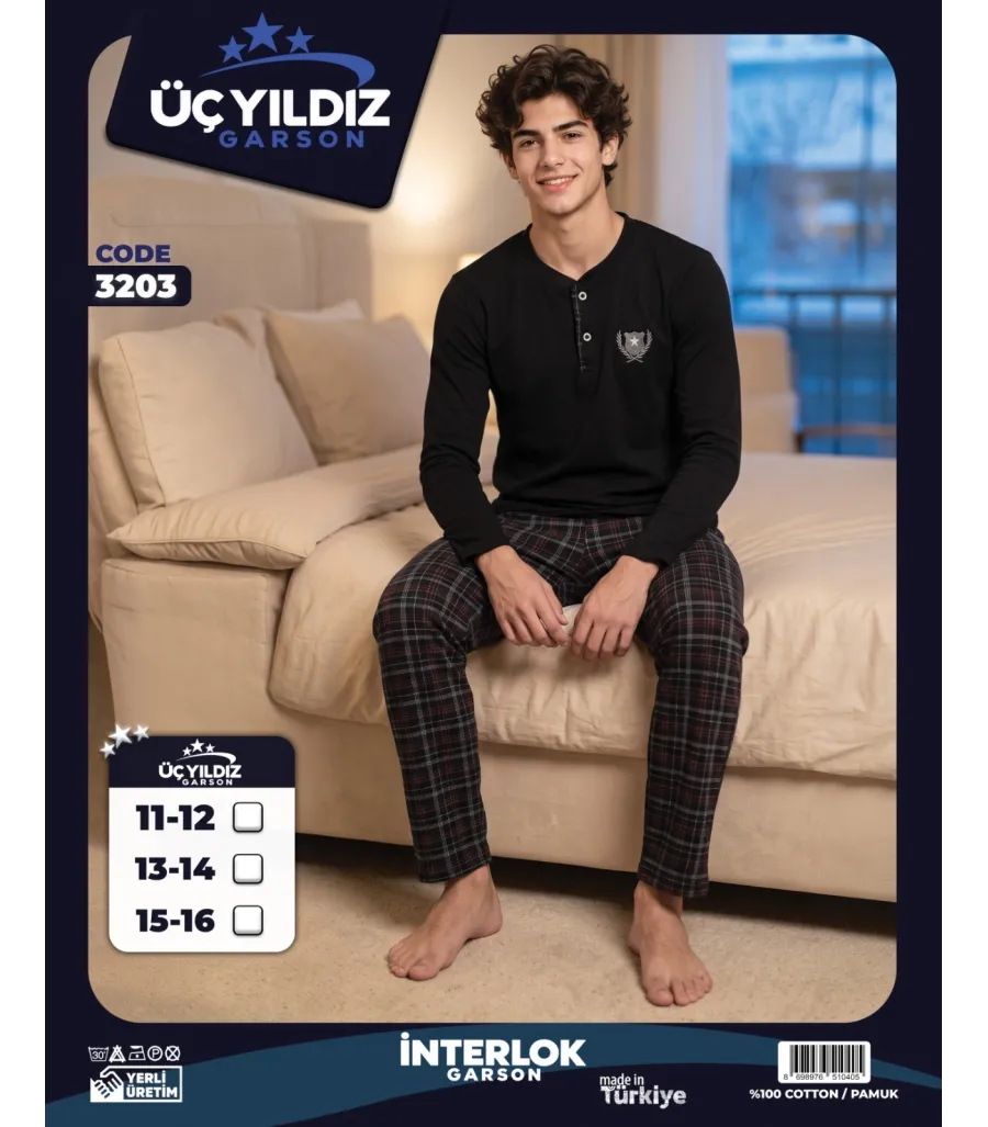 Üç Yıldız Siyah Gri Ekose Garson Beden Erkek Çocuk İnterlok Pijama Takımı