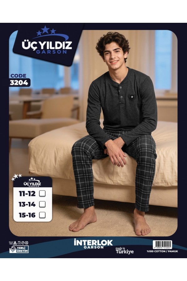 Üç Yıldız Antrasit Gri Ekose Garson Beden Erkek Çocuk İnterlok Pijama Takımı