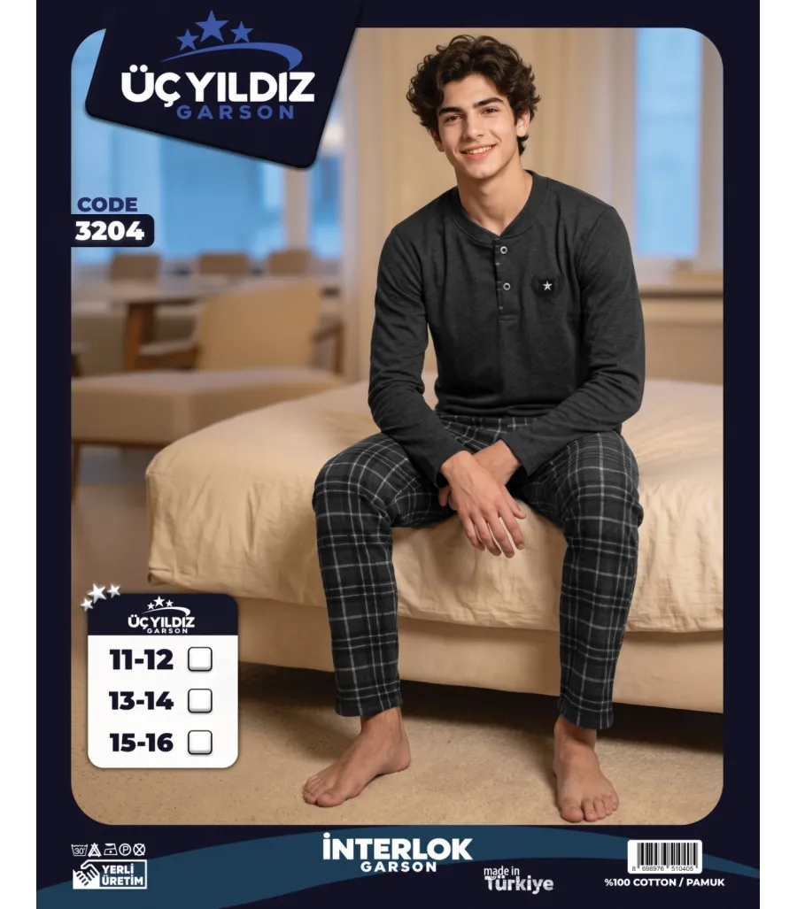 Üç Yıldız Antrasit Gri Ekose Garson Beden Erkek Çocuk İnterlok Pijama Takımı