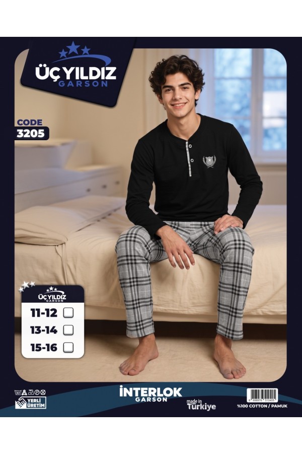Üç Yıldız Siyah Açık Gri Ekose Garson Beden Erkek Çocuk İnterlok Pijama Takımı