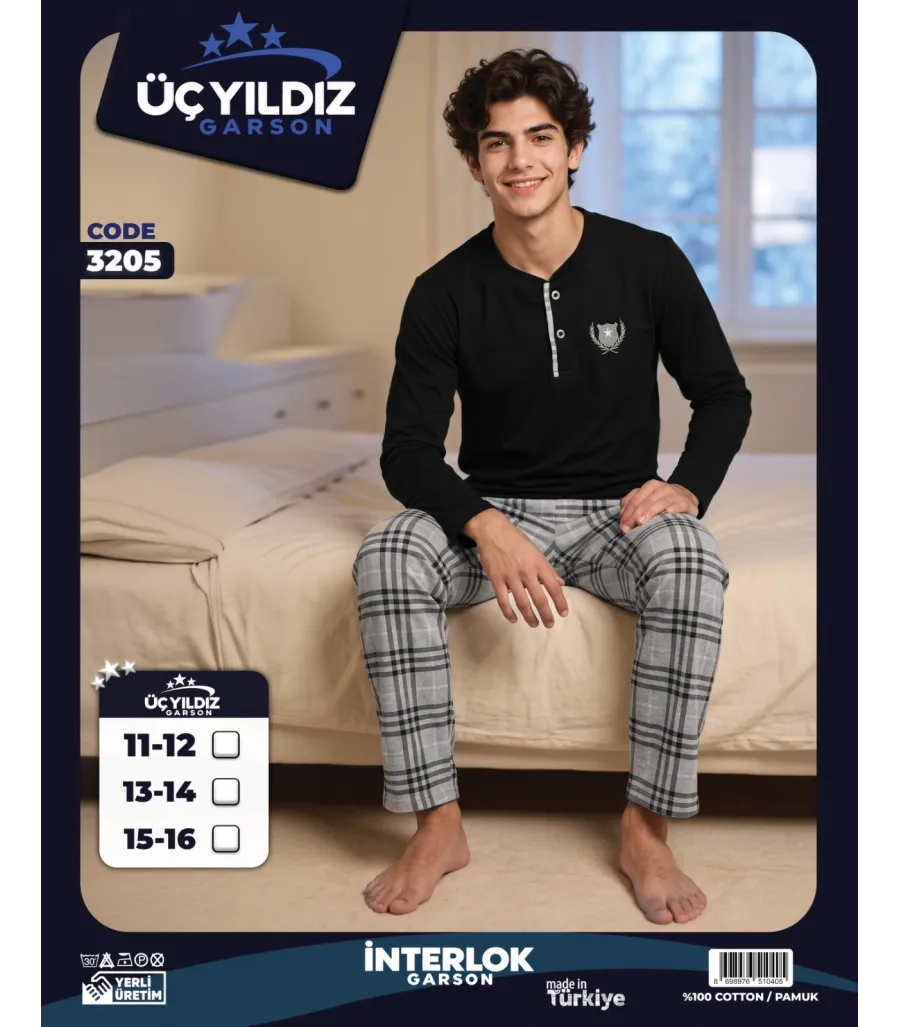 Üç Yıldız Siyah Açık Gri Ekose Garson Beden Erkek Çocuk İnterlok Pijama Takımı