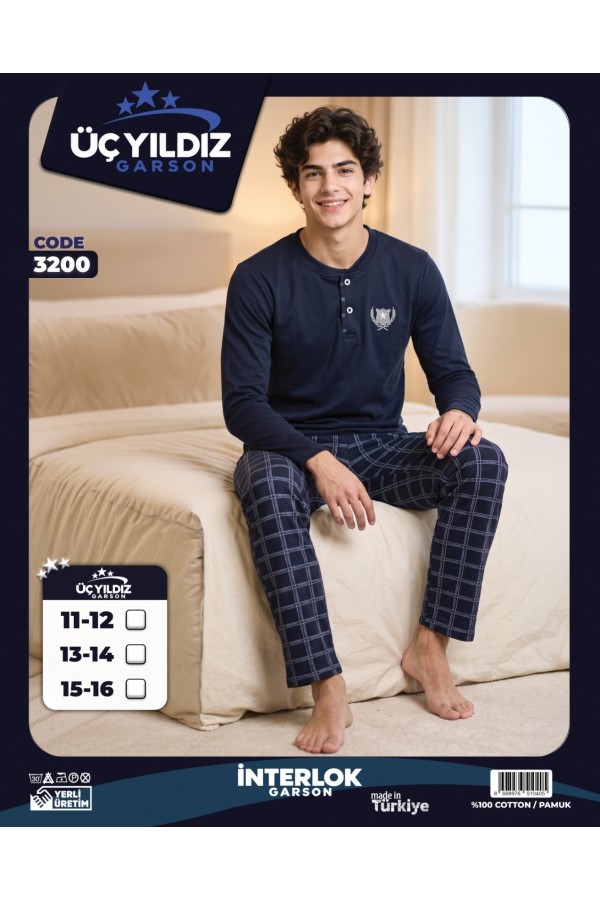 Üç Yıldız Lacivert Ekose Garson Beden Erkek Çocuk İnterlok Pijama Takımı