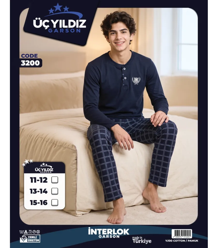 Üç Yıldız Lacivert Ekose Garson Beden Erkek Çocuk İnterlok Pijama Takımı