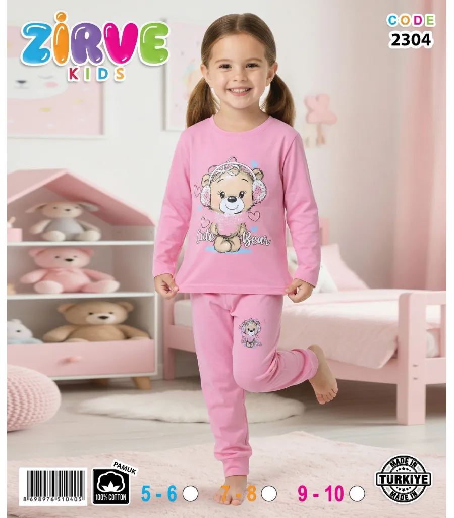 Zirve Kids Kız Pembe Ayıcıklı Çocuk Pijama Takımı