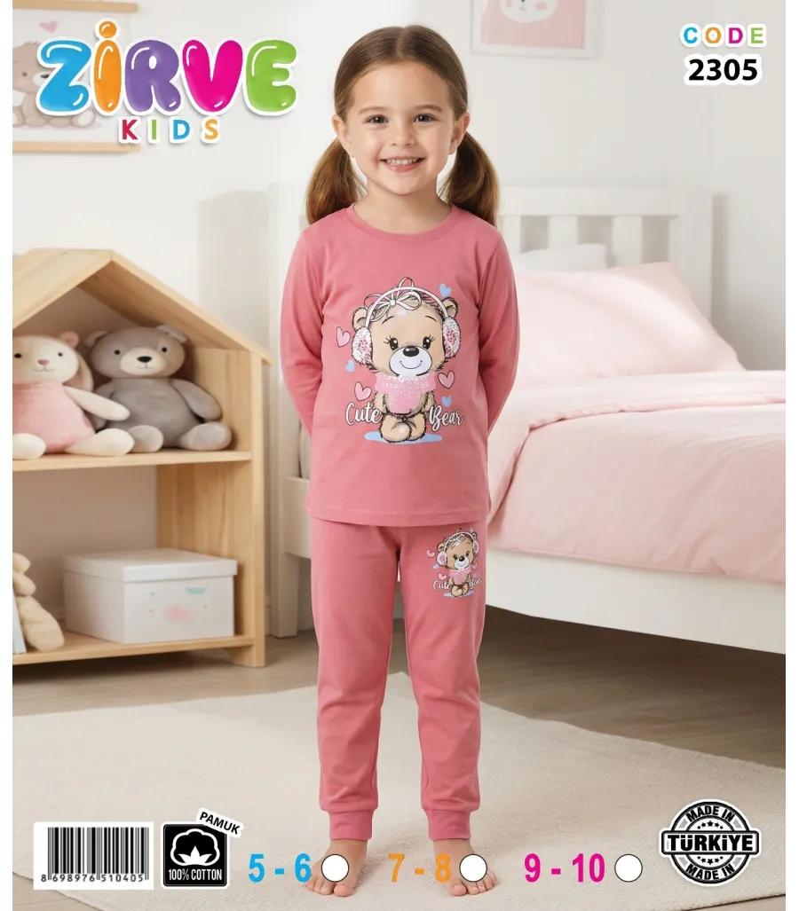 Zirve Kids Kız Mercan Ayıcıklı Çocuk Pijama Takımı