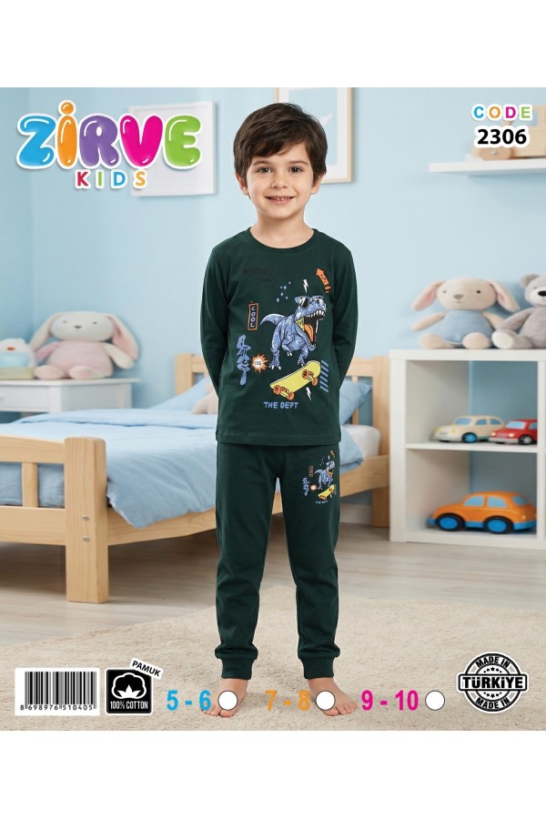 Zirve Kids Erkek Koyu Yeşil Baskılı Çocuk Pijama Takımı