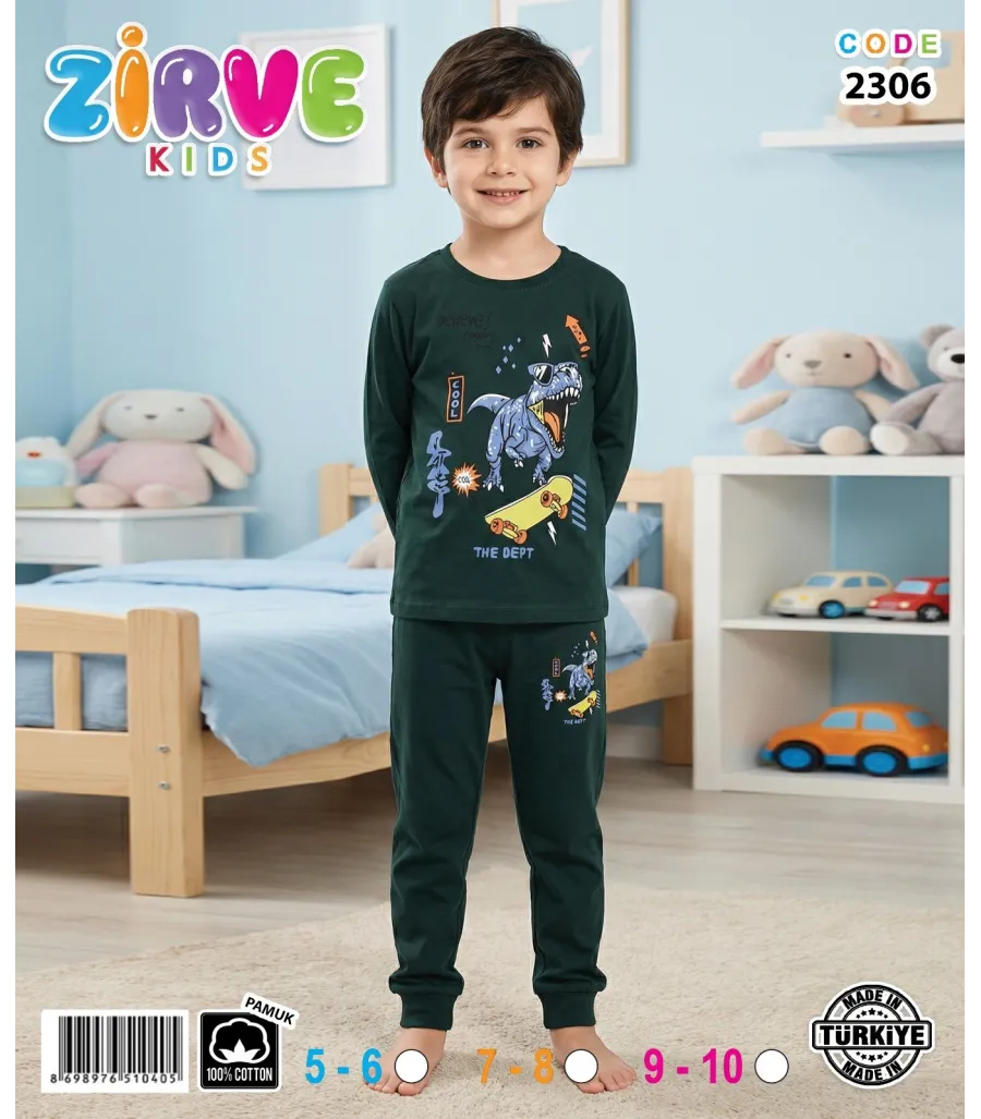Zirve Kids Erkek Koyu Yeşil Baskılı Çocuk Pijama Takımı